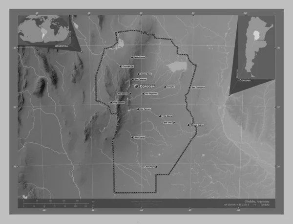 Кордоба Провинция Аргентина Карта Высот Оттенках Серого Озерами Реками Места — стоковое фото