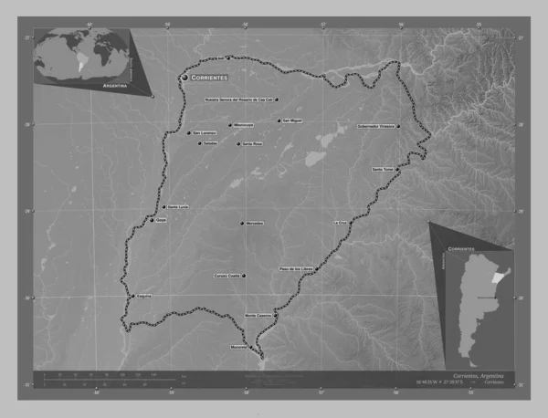 Corrientes Provinsen Argentina Grayscale Höjdkarta Med Sjöar Och Floder Platser — Stockfoto