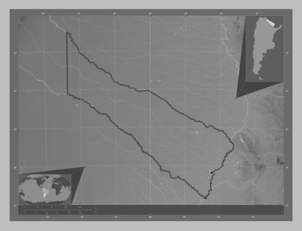 Formosa Province Argentina Grayscale Elevation Map Lakes Rivers Corner Auxiliary — Stock Photo, Image
