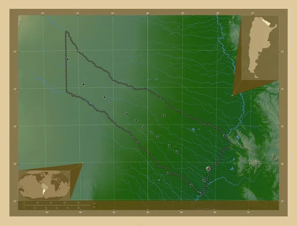 Formosa Province Argentine Carte Altitude Colorée Avec Lacs Rivières Emplacements — Photo