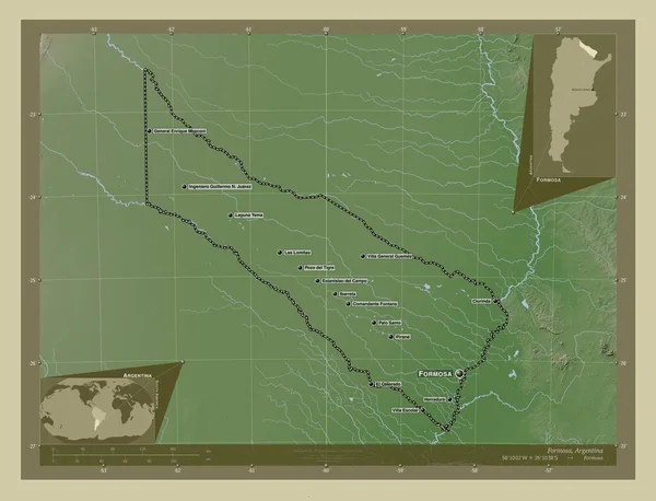 Formosa, province of Argentina. Elevation map colored in wiki style with lakes and rivers. Locations and names of major cities of the region. Corner auxiliary location maps