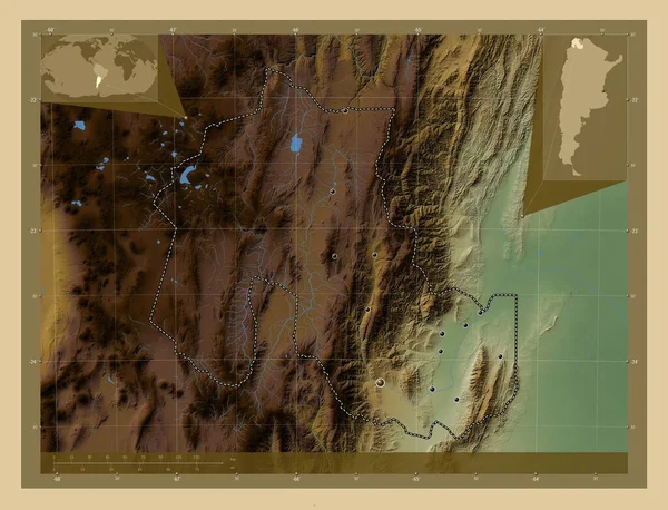 Jujuy Provincia Argentina Mapa Elevación Colores Con Lagos Ríos Ubicaciones — Foto de Stock