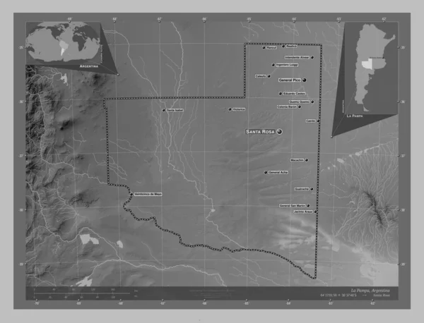 Pampa Province Argentina Grayscale Elevation Map Lakes Rivers Locations Names — Stock Photo, Image