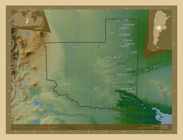 Pampa Province Argentina Colored Elevation Map Lakes Rivers Locations Names — Stock Photo, Image