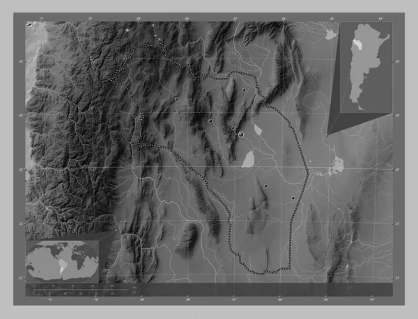 Ріоха Провінція Аргентина Граймасштабна Мапа Висот Озерами Річками Розташування Великих — стокове фото