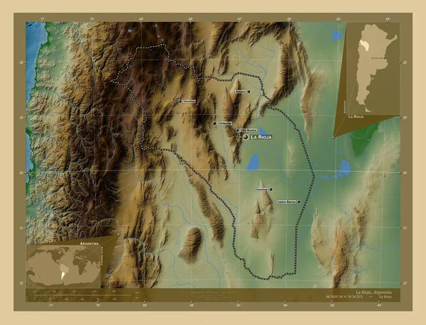 Rioja Provincie Argentina Barevná Mapa Jezery Řekami Umístění Názvy Velkých — Stock fotografie