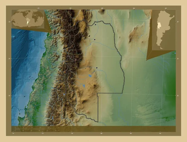 Mendoza Provincia Argentina Mapa Elevación Colores Con Lagos Ríos Ubicaciones —  Fotos de Stock