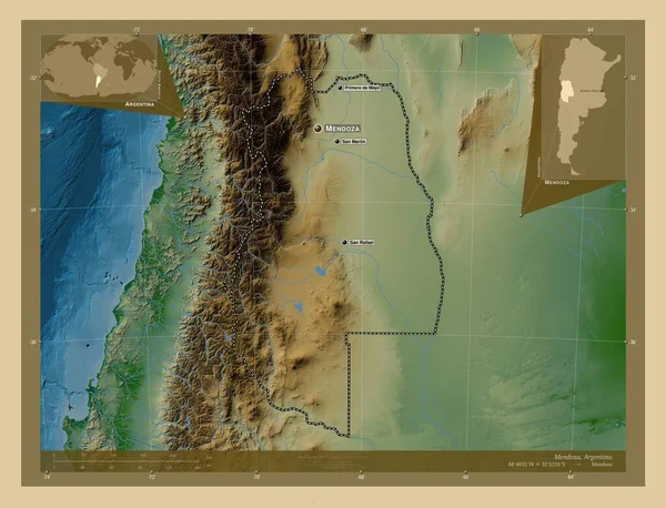 アルゼンチンのメンドーサ州 湖や川と色の標高マップ 地域の主要都市の位置と名前 コーナー補助位置図 — ストック写真