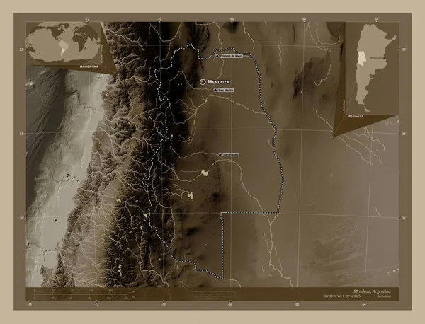 Mendoza Prowincja Argentyny Mapa Elewacji Kolorowe Sepia Dźwięki Jeziorami Rzekami — Zdjęcie stockowe