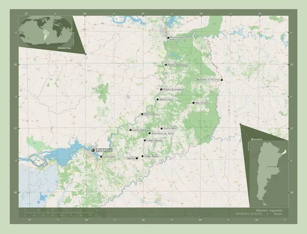 Misiones 阿根廷省 开放街道地图 该区域主要城市的地点和名称 角辅助位置图 — 图库照片