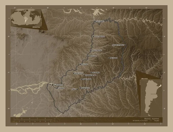 Misiones Province Argentina Elevation Map Colored Sepia Tones Lakes Rivers — Stock Photo, Image