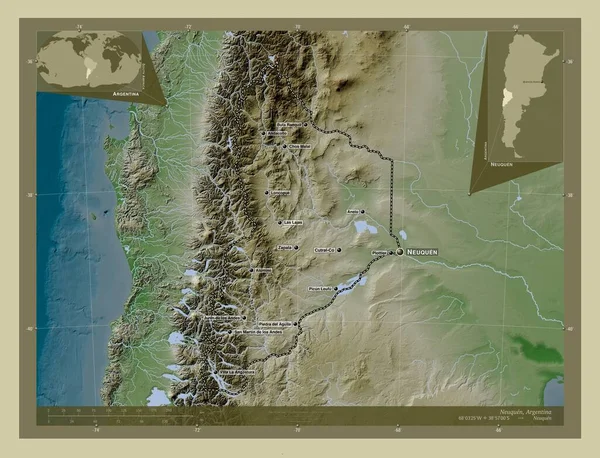 Neuquen Επαρχία Της Αργεντινής Υψόμετρο Χάρτη Χρωματισμένο Στυλ Wiki Λίμνες — Φωτογραφία Αρχείου