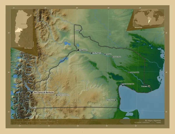 Rio Negro Provincie Argentinië Gekleurde Hoogtekaart Met Meren Rivieren Locaties — Stockfoto