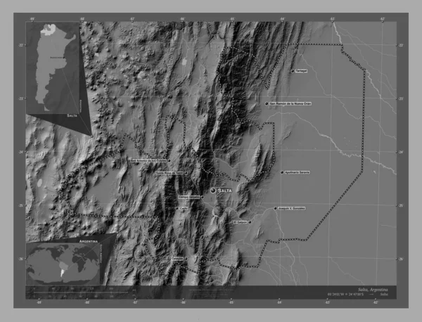Salta Provincia Argentina Mapa Elevación Bilevel Con Lagos Ríos Ubicaciones — Foto de Stock