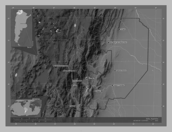 Salta Prowincja Argentyny Mapa Wzniesień Skali Szarości Jeziorami Rzekami Lokalizacje — Zdjęcie stockowe