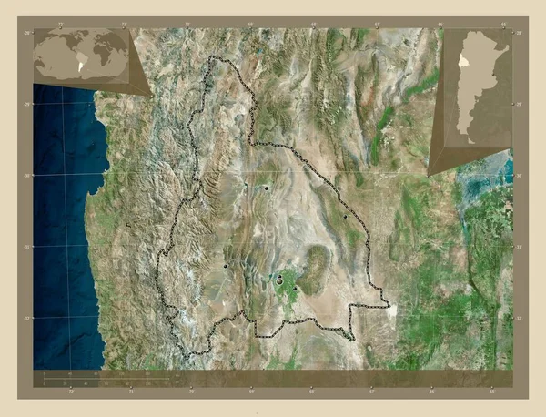圣胡安 阿根廷省 高分辨率卫星地图 该区域主要城市的所在地点 角辅助位置图 — 图库照片