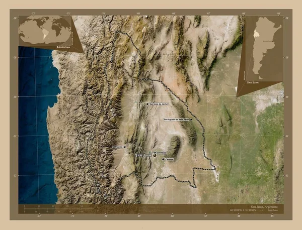 アルゼンチンのサンファン州 低解像度衛星地図 地域の主要都市の位置と名前 コーナー補助位置図 — ストック写真
