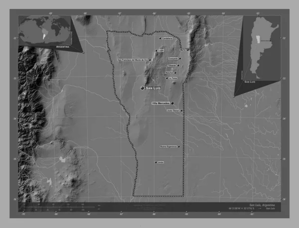 San Luis Provincie Argentinië Hoogteplattegrond Met Meren Rivieren Locaties Namen — Stockfoto