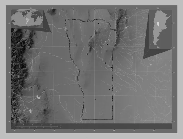 San Luis Prowincja Argentyny Mapa Wzniesień Skali Szarości Jeziorami Rzekami — Zdjęcie stockowe