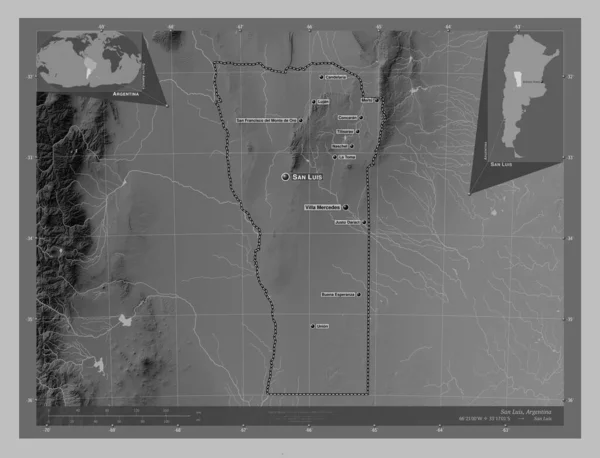 San Luis Provincia Argentina Mapa Elevación Escala Grises Con Lagos —  Fotos de Stock