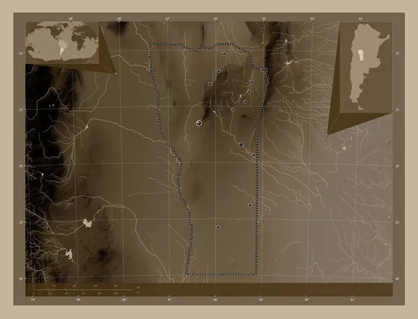 San Luis Oblast Argentiny Zdvihová Mapa Zbarvená Sépiovými Tóny Jezery — Stock fotografie