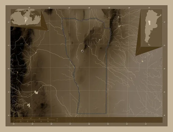 San Luis Province Argentina Elevation Map Colored Sepia Tones Lakes — Stock Photo, Image