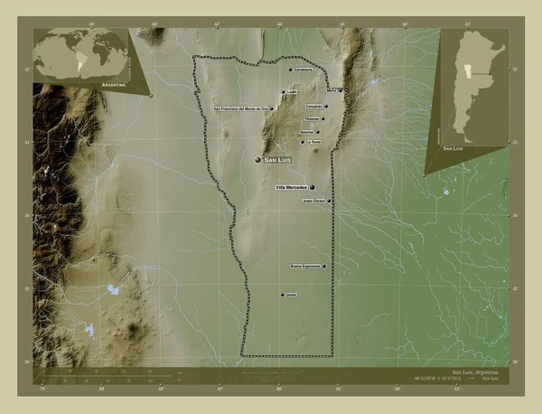 San Luis Prowincja Argentyny Mapa Wzniesień Kolorowa Stylu Wiki Jeziorami — Zdjęcie stockowe