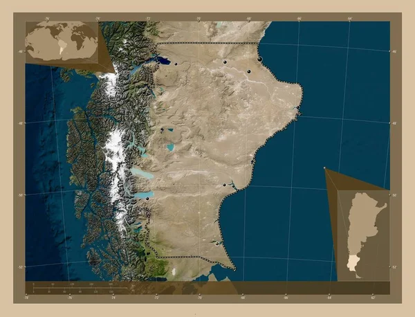 アルゼンチンのサンタ クルス州 低解像度衛星地図 地域の主要都市の場所 コーナー補助位置図 — ストック写真