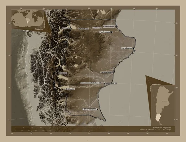 アルゼンチンのサンタ クルス州 湖や川とセピアトーンで着色された標高マップ 地域の主要都市の位置と名前 コーナー補助位置図 — ストック写真