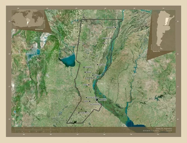 アルゼンチンのサンタ フェ州 高解像度衛星地図 地域の主要都市の位置と名前 コーナー補助位置図 — ストック写真