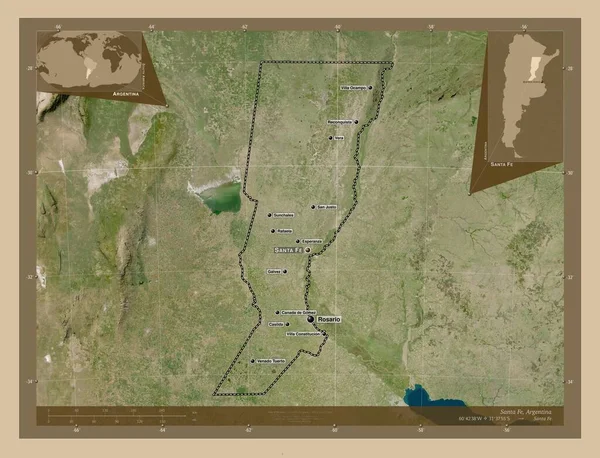 アルゼンチンのサンタ フェ州 低解像度衛星地図 地域の主要都市の位置と名前 コーナー補助位置図 — ストック写真