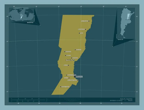 圣达菲 阿根廷省 固体的颜色形状 该区域主要城市的地点和名称 角辅助位置图 — 图库照片