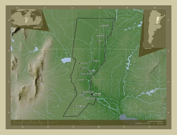 圣达菲 阿根廷省 用Wiki风格绘制的带有湖泊和河流的高程地图 该区域主要城市的地点和名称 角辅助位置图 — 图库照片