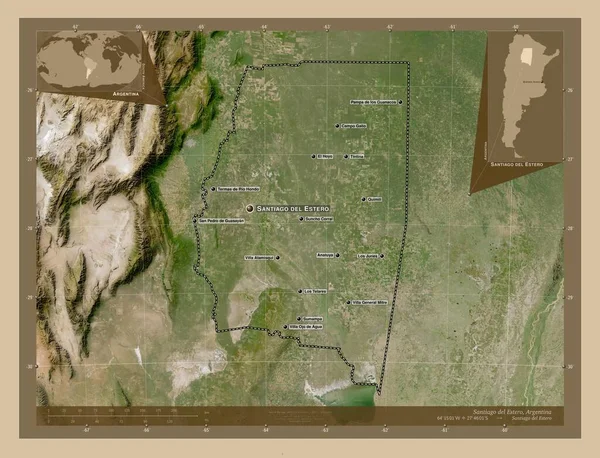 アルゼンチンのサンティアゴ エステロ州 低解像度衛星地図 地域の主要都市の位置と名前 コーナー補助位置図 — ストック写真