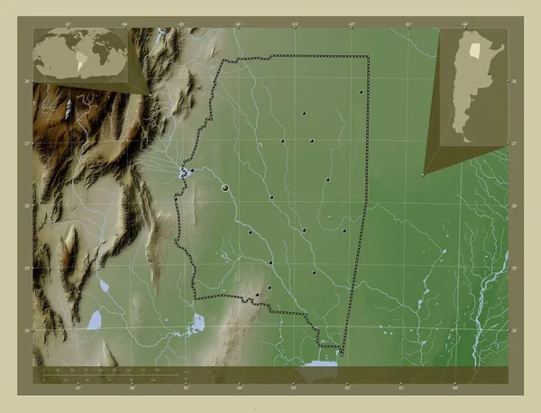 Santiago Del Estero 阿根廷省 用Wiki风格绘制的带有湖泊和河流的高程地图 该区域主要城市的所在地点 角辅助位置图 — 图库照片