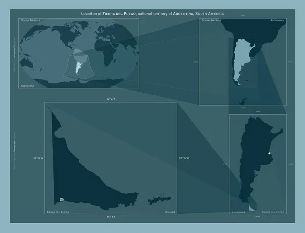 ティエラ フエゴ アルゼンチンの領土 大規模な地図上の領域の位置を示しています しっかりとした背景にベクトルフレームとPng形状の構成 — ストック写真