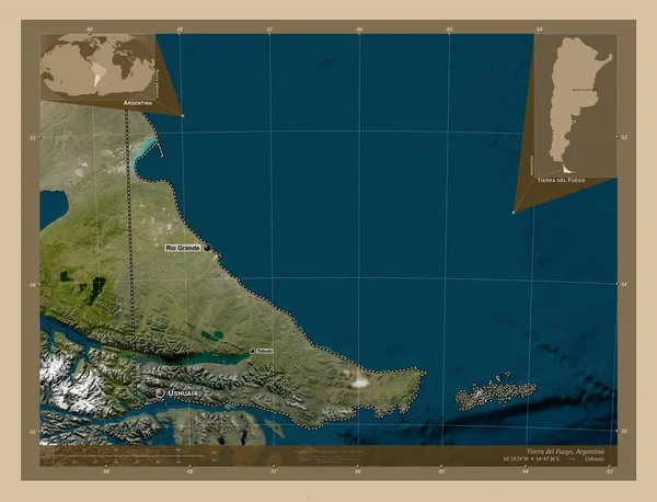 ティエラ フエゴ アルゼンチンの領土 低解像度衛星地図 地域の主要都市の位置と名前 コーナー補助位置図 — ストック写真