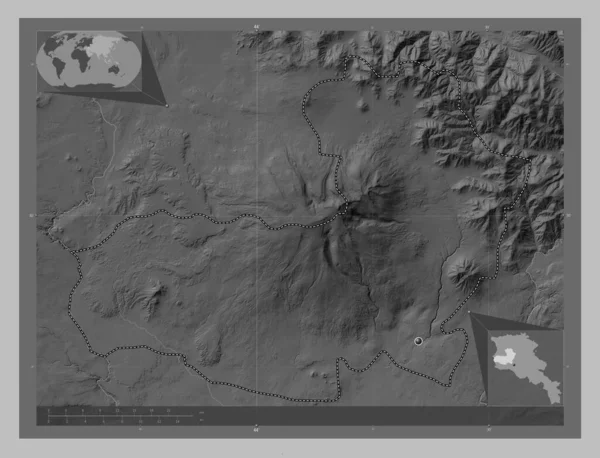 Aragatsotn Provinz Armenien Graustufen Höhenkarte Mit Seen Und Flüssen Eck — Stockfoto