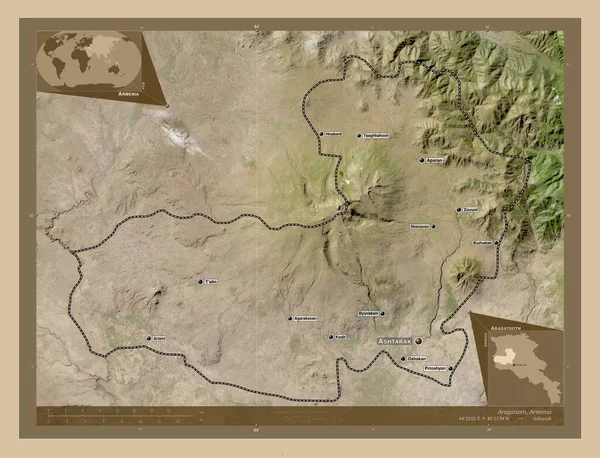 Aragatsotn Province Armenia Low Resolution Satellite Map Locations Names Major — Stock Photo, Image