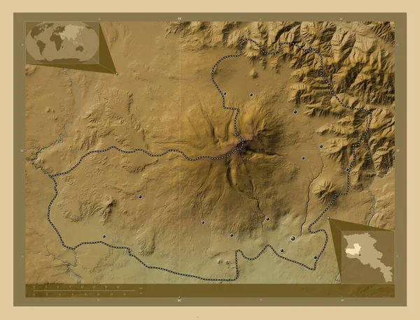 Aragatsotn Prowincja Armenia Kolorowa Mapa Wzniesień Jeziorami Rzekami Lokalizacje Dużych — Zdjęcie stockowe