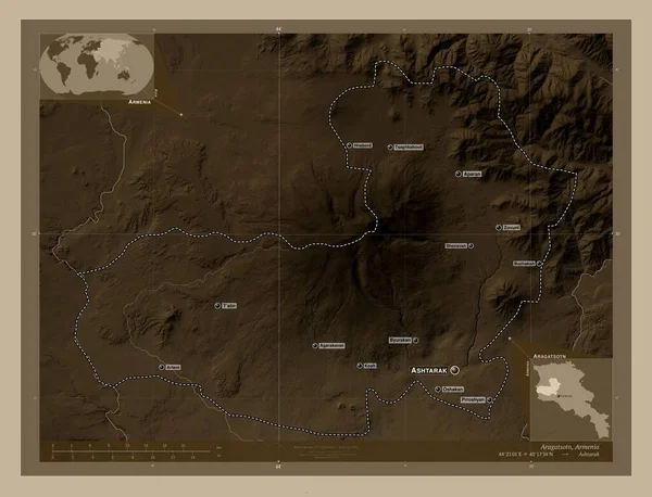 Aragatsotn Provincia Armenia Mapa Elevación Coloreado Tonos Sepia Con Lagos —  Fotos de Stock