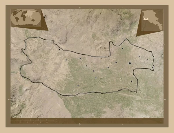 亚美尼亚省Armavir 低分辨率卫星地图 该区域主要城市的所在地点 角辅助位置图 — 图库照片