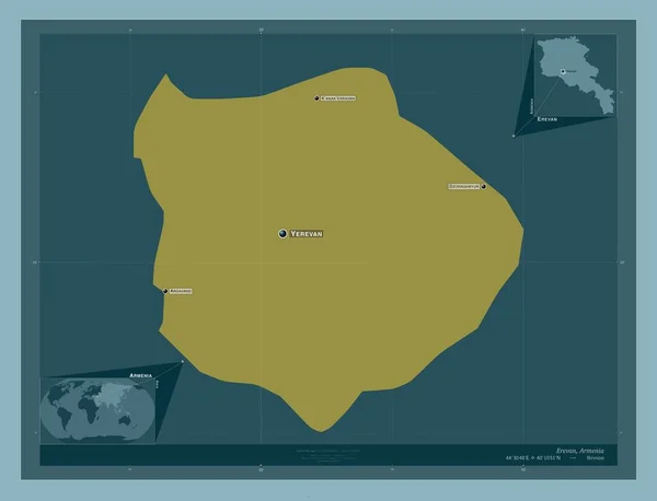 エレバン アルメニアの都市 しっかりした色の形 地域の主要都市の位置と名前 コーナー補助位置図 — ストック写真