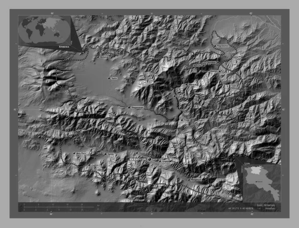 亚美尼亚省 带湖泊和河流的比尔维尔高程图 该区域主要城市的地点和名称 角辅助位置图 — 图库照片