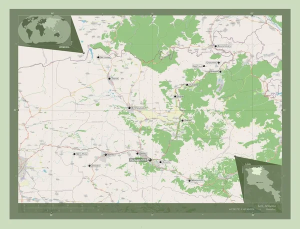 アルメニアのロリ県 ストリートマップを開く 地域の主要都市の位置と名前 コーナー補助位置図 — ストック写真
