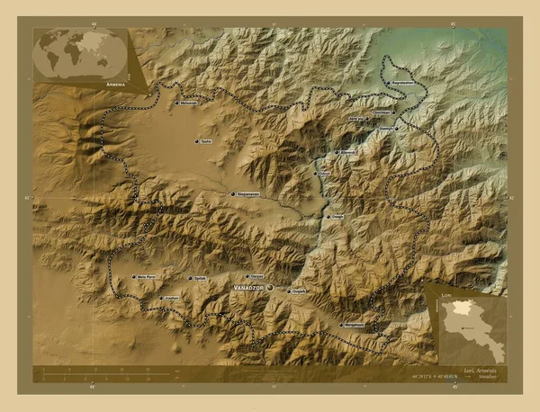 Lori Province Arménie Carte Altitude Colorée Avec Lacs Rivières Emplacements — Photo