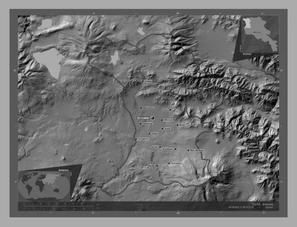 Shirak Province Arménie Carte Altitude Bilevel Avec Lacs Rivières Emplacements — Photo