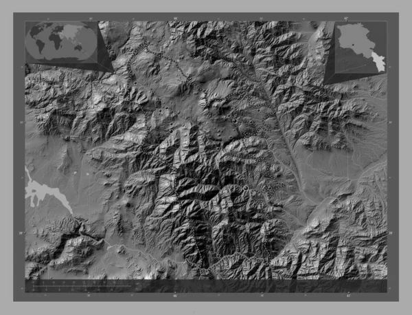 アルメニアのシヌーク州 湖や川と二階の標高マップ 地域の主要都市の場所 コーナー補助位置図 — ストック写真