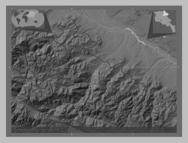 アルメニアのタブシュ県 湖や川とグレースケールの標高マップ コーナー補助位置図 — ストック写真