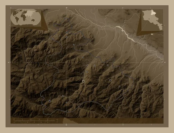 Tavush Province Armenia Elevation Map Colored Sepia Tones Lakes Rivers — Stock Photo, Image